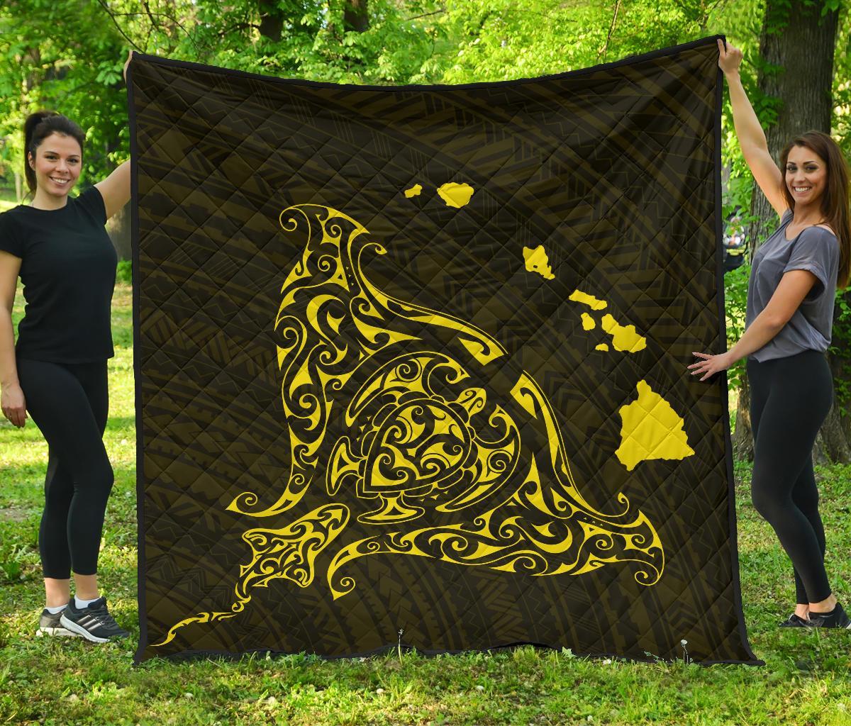 Rays Hawaii Map Polynesian Premium Quilt - Yellow Black - Polynesian Pride