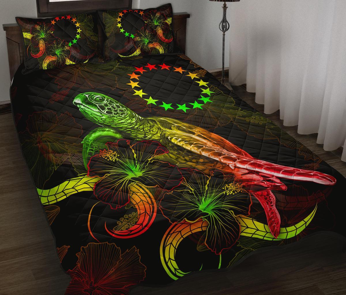 Cook Islands of Micronesia Polynesian Quilt Bed Set - Turtle With Blooming Hibiscus Reggae Art - Polynesian Pride