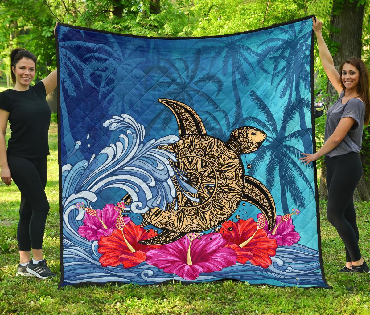 Hawaii Sea Turtle Hibiscus Coconut Tree Premium Quilt Blue - Polynesian Pride