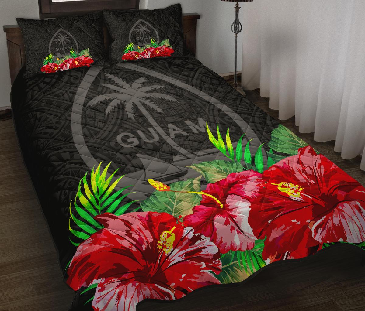Guam Polynesian Quilt Bed Set Black Hibiscus Black - Polynesian Pride