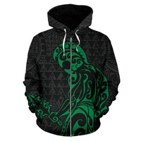 Polynesian Kakau Helmet Weapon Green Kanaka Warrior Hoodie (Zip) - Polynesian Pride