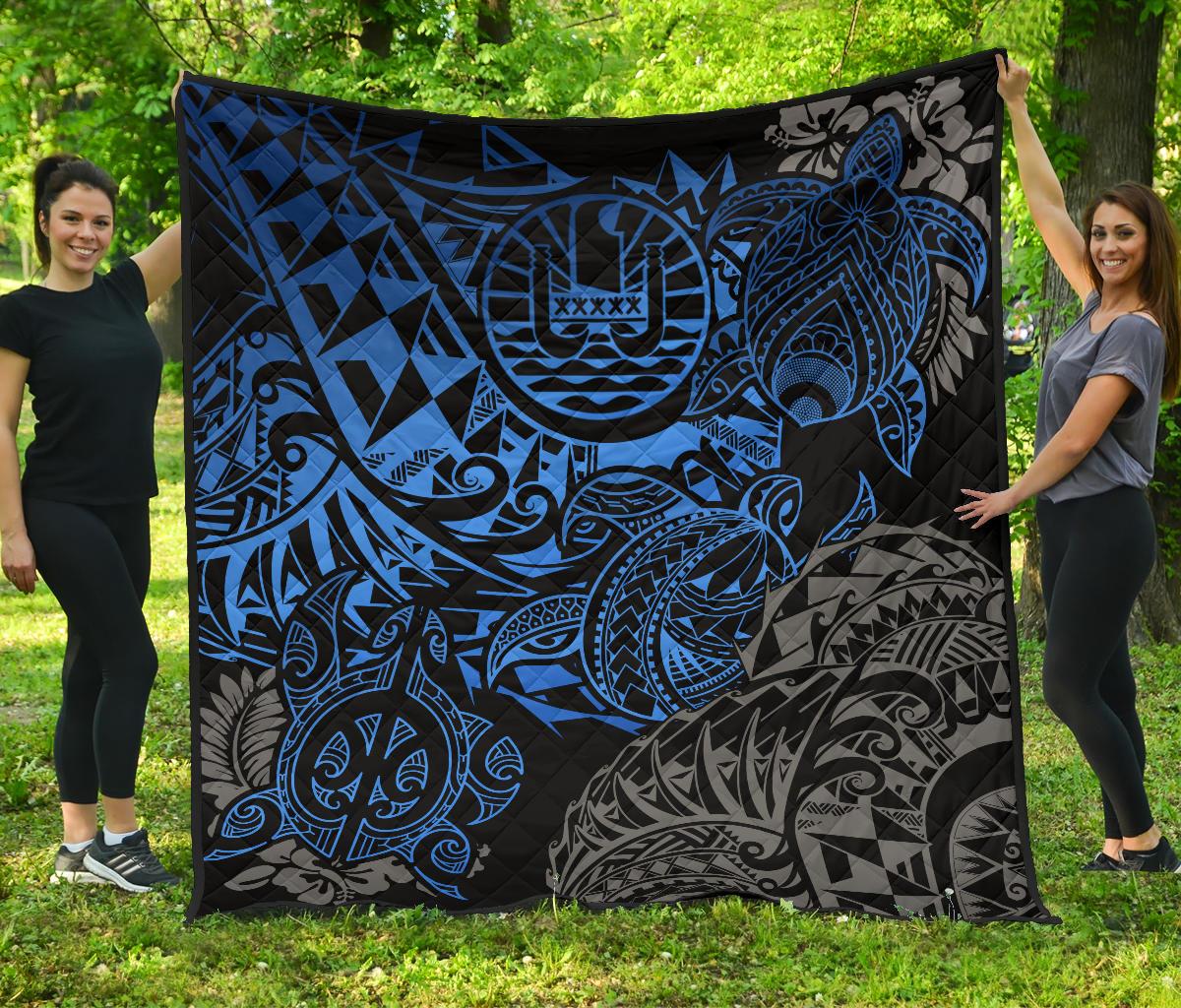Tahiti Polynesian Premium Quilt - Blue Turtle Hibiscus Flowing BLUE - Polynesian Pride
