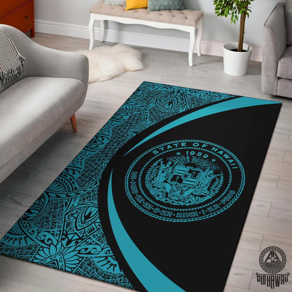 Hawaii Coat Of Arms Polynesian Area Rug Circle Style Rug Blue - Polynesian Pride