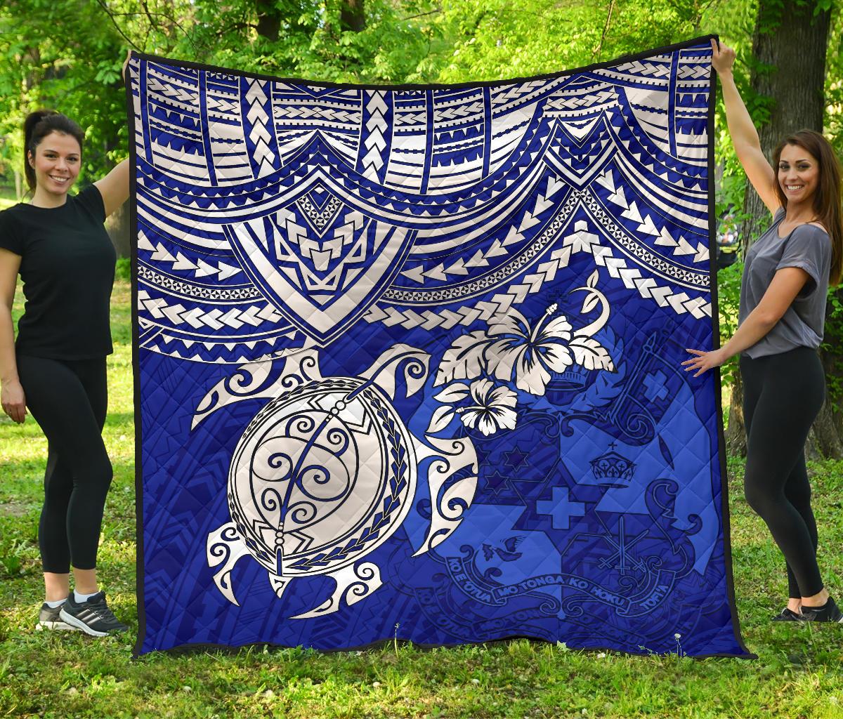Tonga Polynesian Premium Quilts - Tonga Coat Of Arms & Blue Turtle Hibiscus - Polynesian Pride