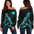 Papua New Guinea Polynesian Women's Off Shoulder Sweater - Turtle With Blooming Hibiscus Turquoise Turquoise - Polynesian Pride