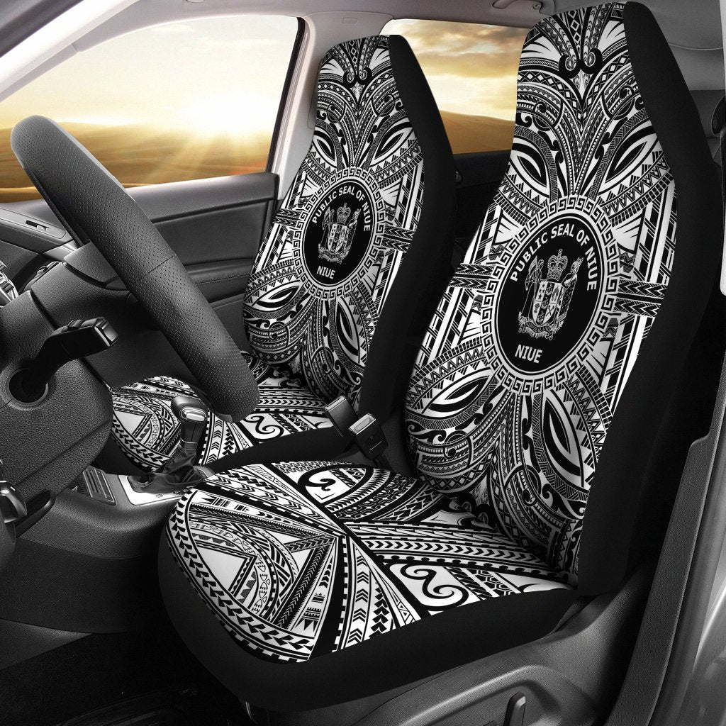 Niue Car Seat Cover - Niue Coat Of Arms Polynesian White Black Universal Fit Black - Polynesian Pride