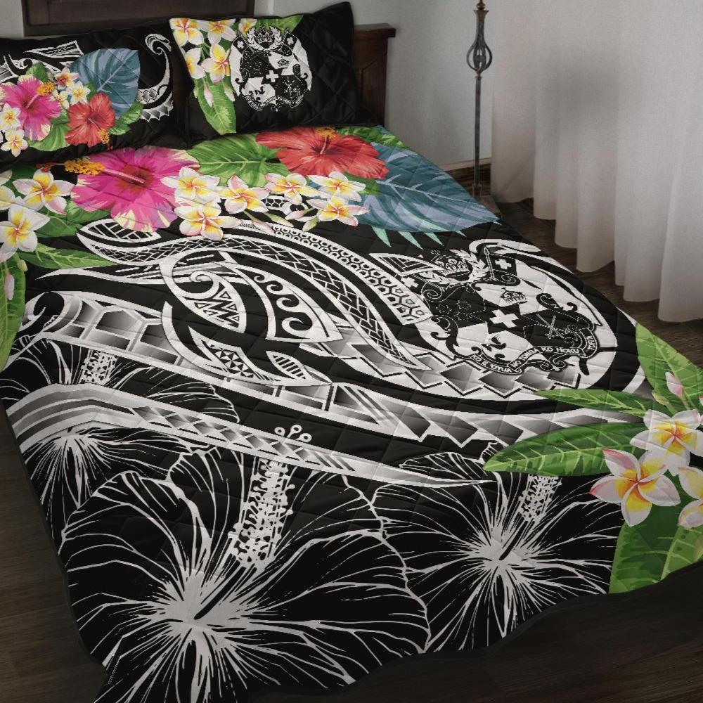 Tonga Polynesian Quilt Bed Set - Summer Plumeria (Black) Black - Polynesian Pride
