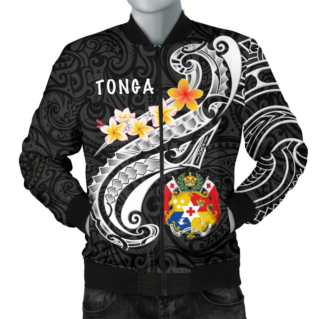Tonga Men's Bomber Jacket - Tonga Seal Polynesian Patterns Plumeria (Black) Black - Polynesian Pride