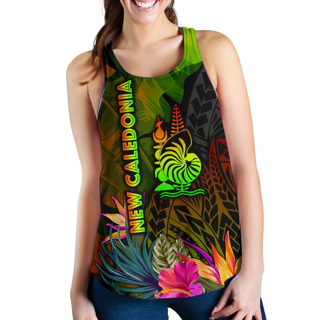 New Caledonia Polynesian Women's Racerback Tank - Hibiscus and Banana Leaves - Polynesian Pride