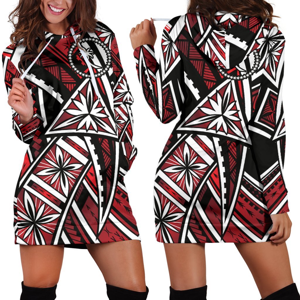 Chuuk Women Hoodie Dress - Tribal Flower Special Pattern Red Color - Polynesian Pride