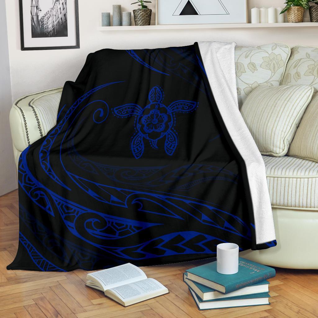 Hawaii Turtle Hibicus Premium Blanket - Frida Style - Blue - Polynesian Pride