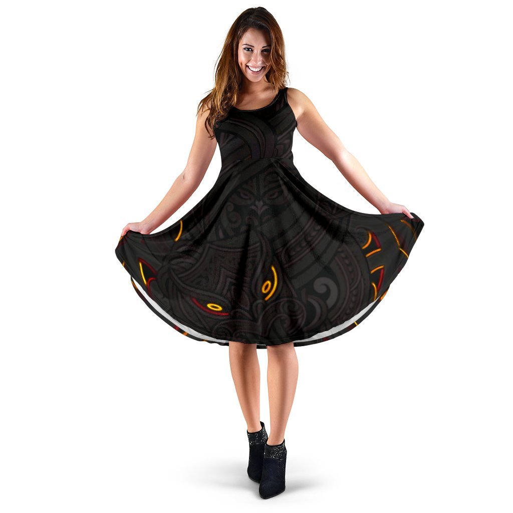 New Zealand Maori Gods Women Midi Dress Tumatauenga (God of War) - Black Midi Dress - Maorigod Black - Polynesian Pride