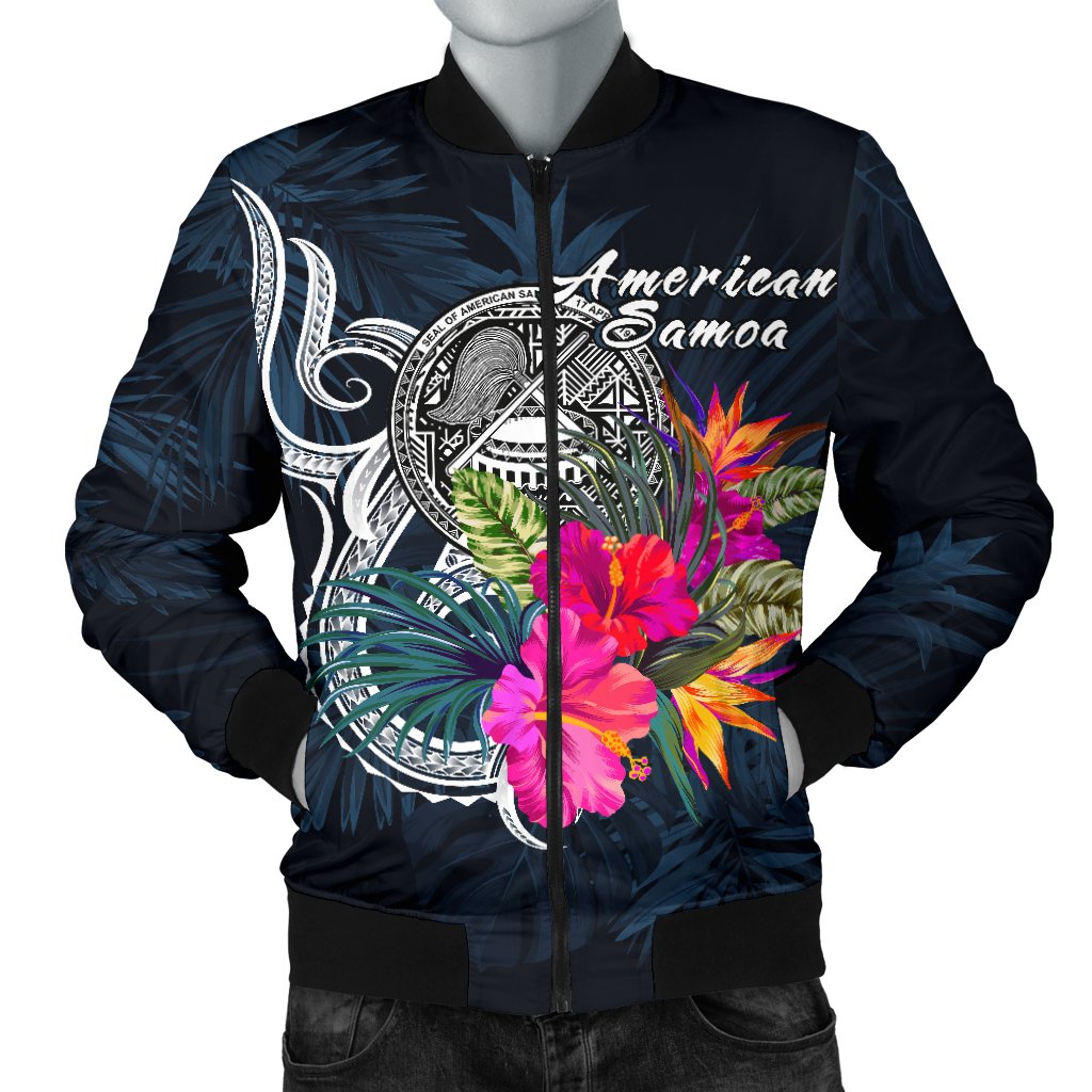 American Samoa Polynesian Men's Bomber Jacket - Tropical Flower Blue - Polynesian Pride