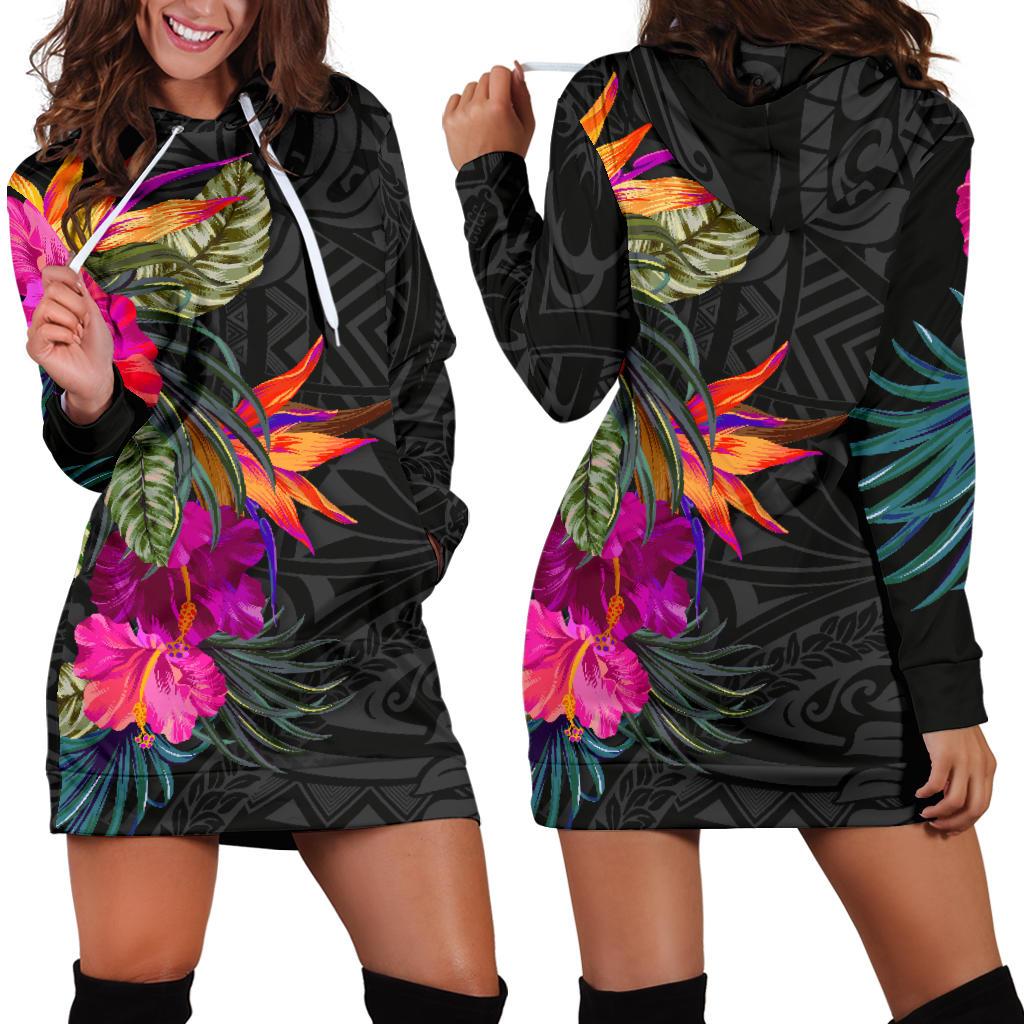 Polynesian Women's Hoodie Dress - Hibiscus Pattern Black - Polynesian Pride