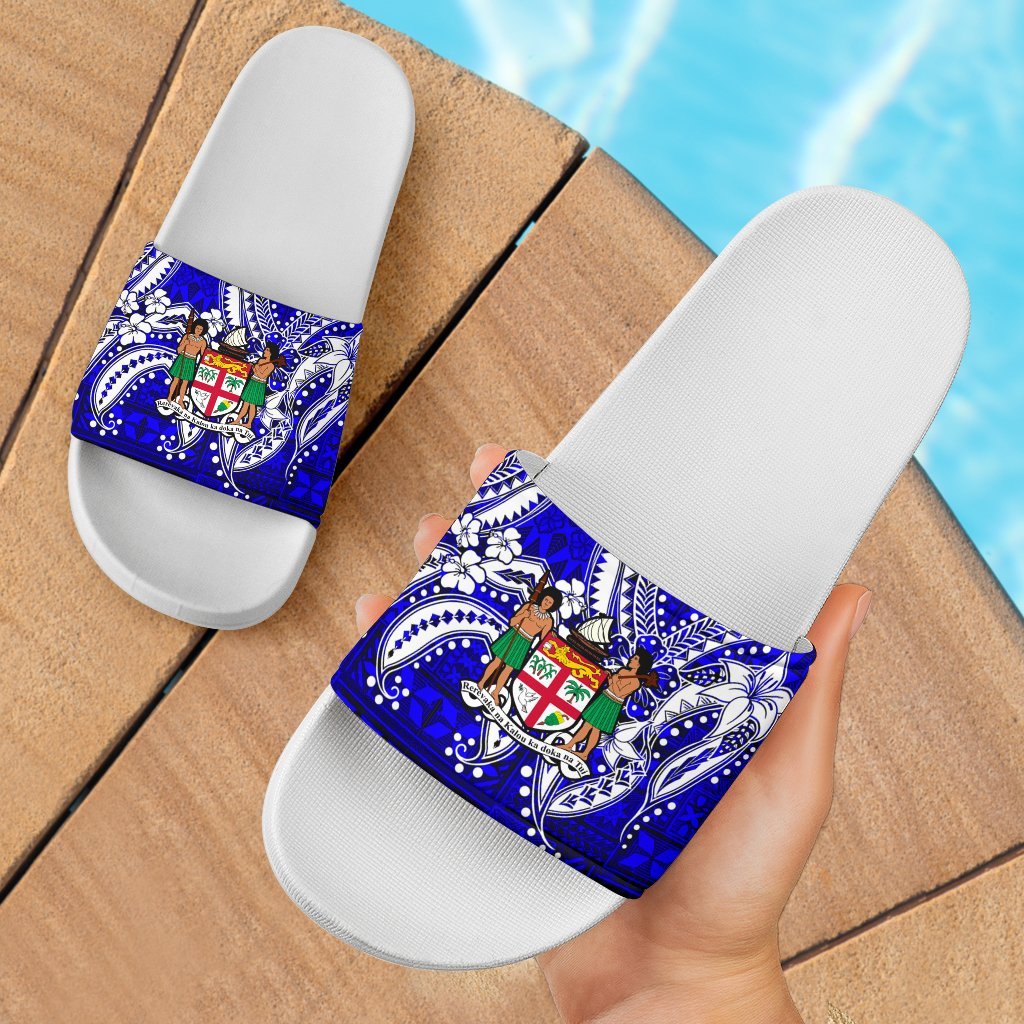 Fiji Coat of Arm Slide Sandals - Tribal Jungle Pattern Blue White - Polynesian Pride