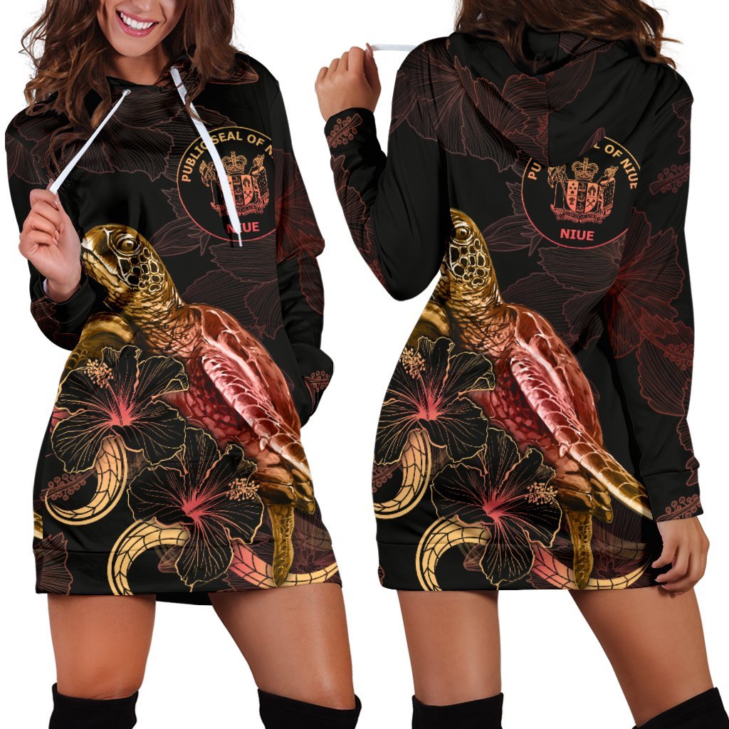 Niue Polynesian Hoodie Dress - Turtle With Blooming Hibiscus Gold Gold - Polynesian Pride