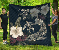 Hawaii Tropical Hibiscus Turtle Shark Aumakua Premium Quilt - Lucas Style - Blue Blue - Polynesian Pride