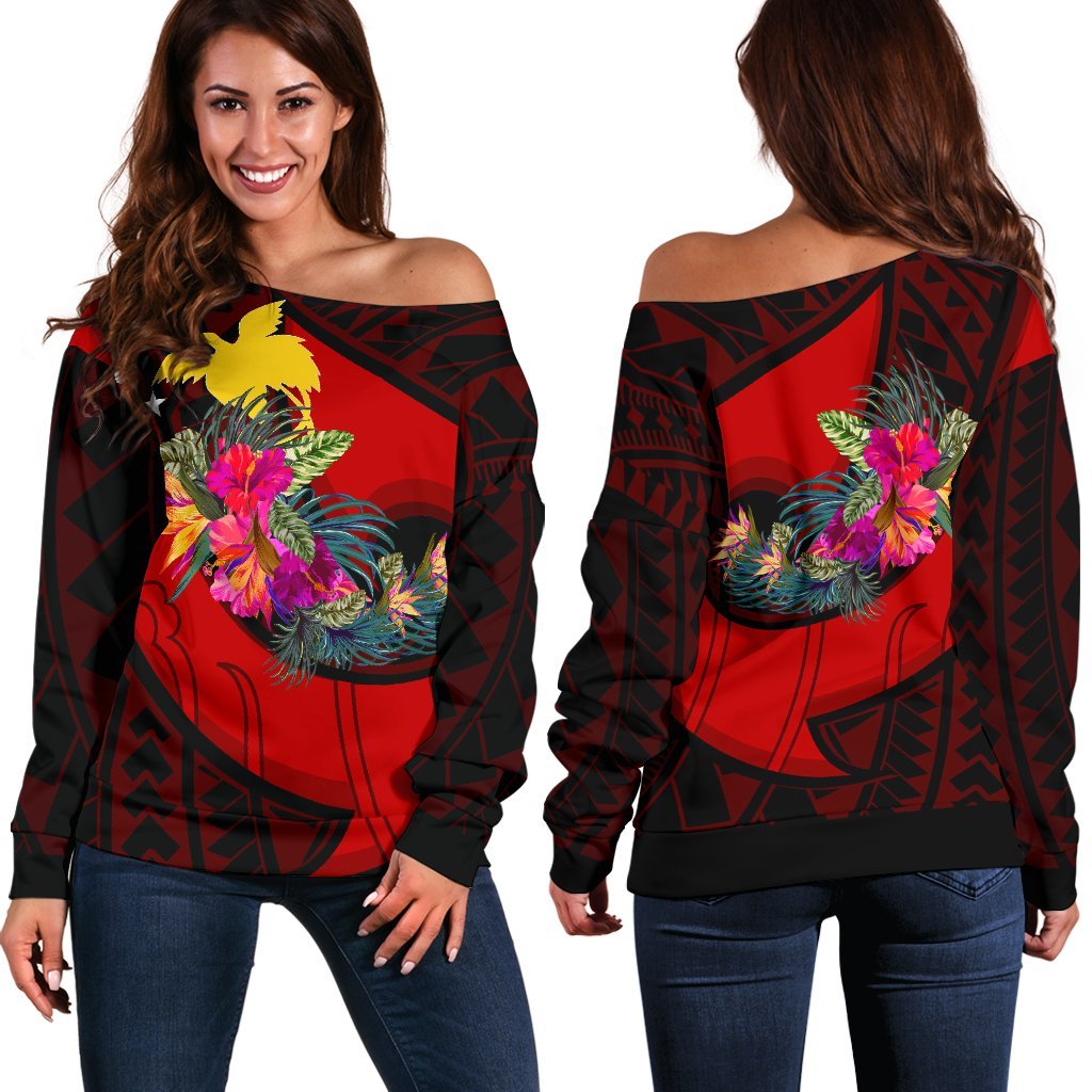 Papua New Guinea Women's Off Shoulder Sweater - Polynesian Hook And Hibiscus (Red) - Polynesian Pride