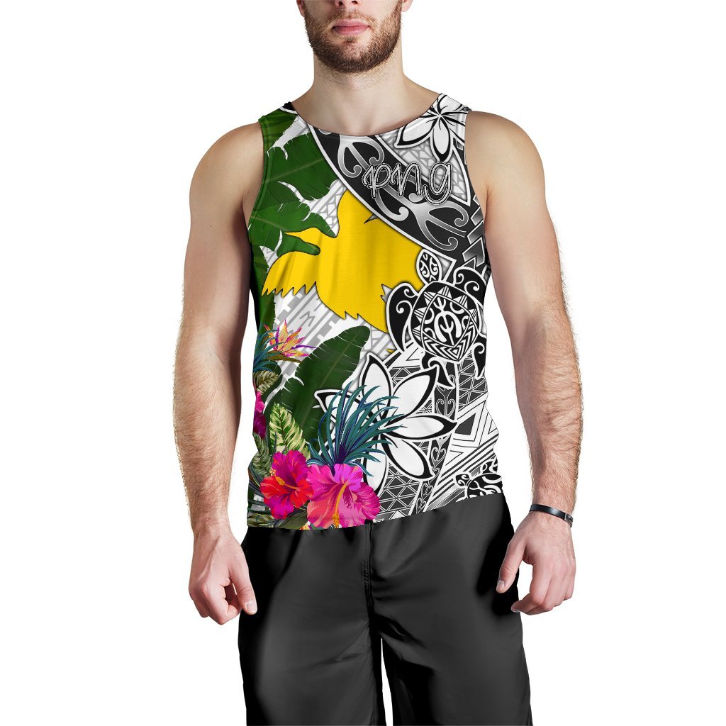 Papua New Guinea Men's Tank Top White - Turtle Plumeria Banana Leaf - Polynesian Pride