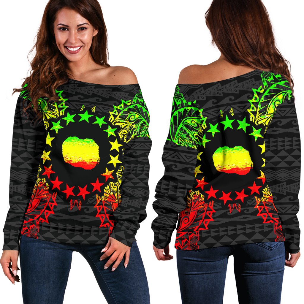 Cook Islands Polynesian Shoulder Sweater Map Reggae Art - Polynesian Pride