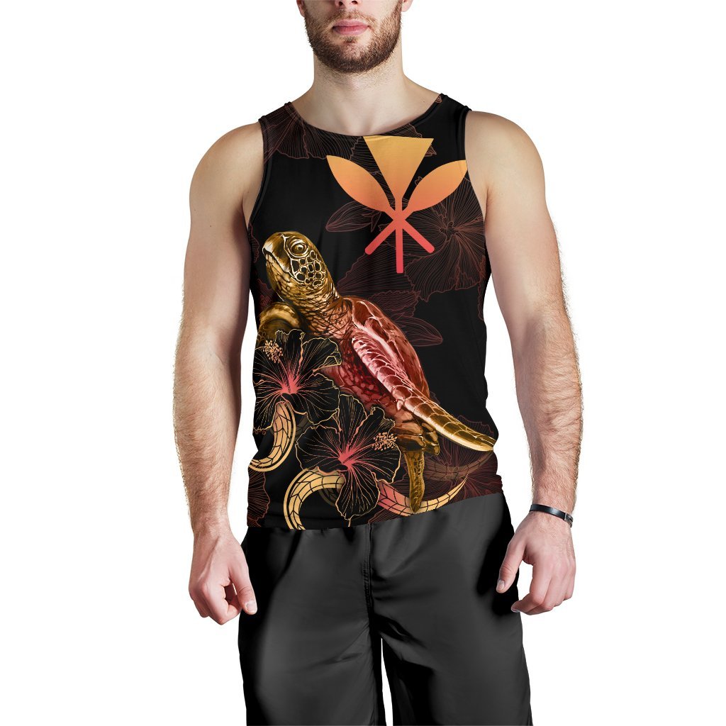 Hawaii Men Tank Top - Turtle With Blooming Hibiscus Gold - Polynesian Pride