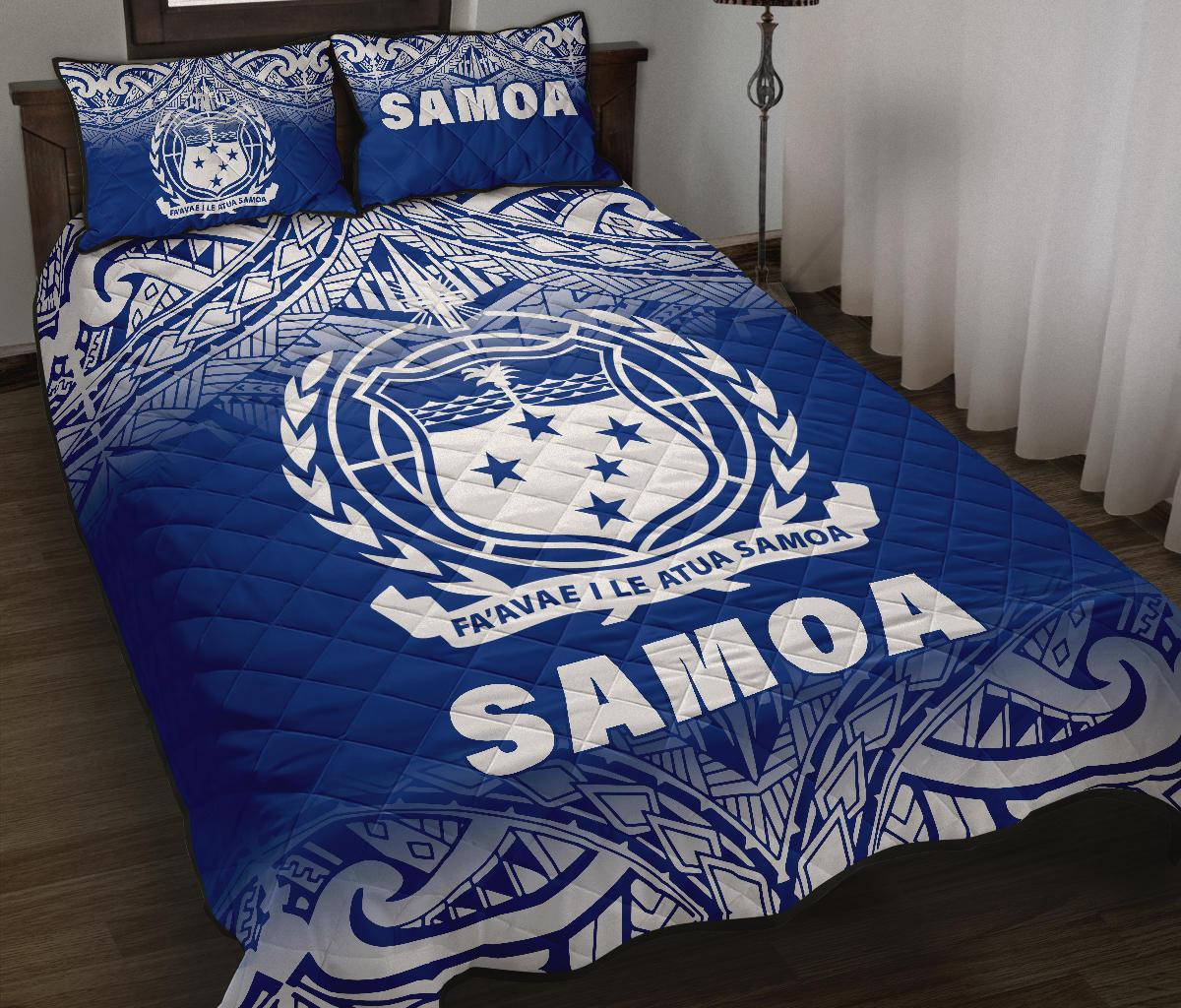Samoa Quilt Bed Set - Samoa Coat Of Arms Polynesian Tattoo Blue Fog White Version - Polynesian Pride