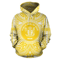 Niue ll Over Hoodie Niue Coat of rms Polynesian Flag Color Unisex Yellow - Polynesian Pride