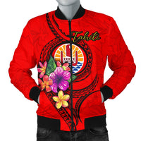 Tahiti Polynesian Men's Bomber Jacket - Floral With Seal Red Red - Polynesian Pride
