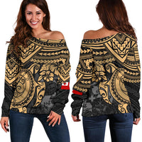 Tonga Polynesian Women's Off Shoulder Sweater - Golden Turtle BLACK - Polynesian Pride