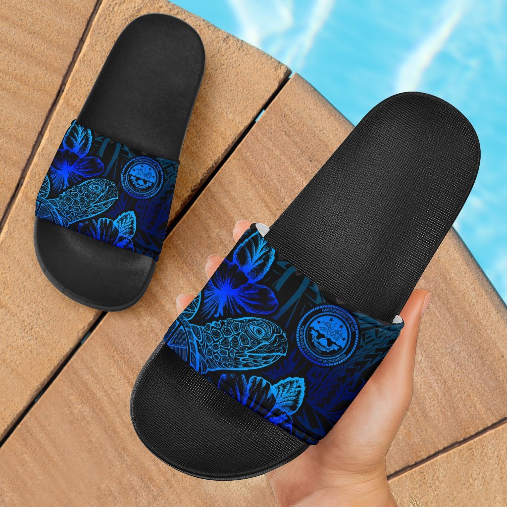 Federated States Of Micronesia Slide Sandals - Turtle Hibiscus Pattern Blue Black - Polynesian Pride