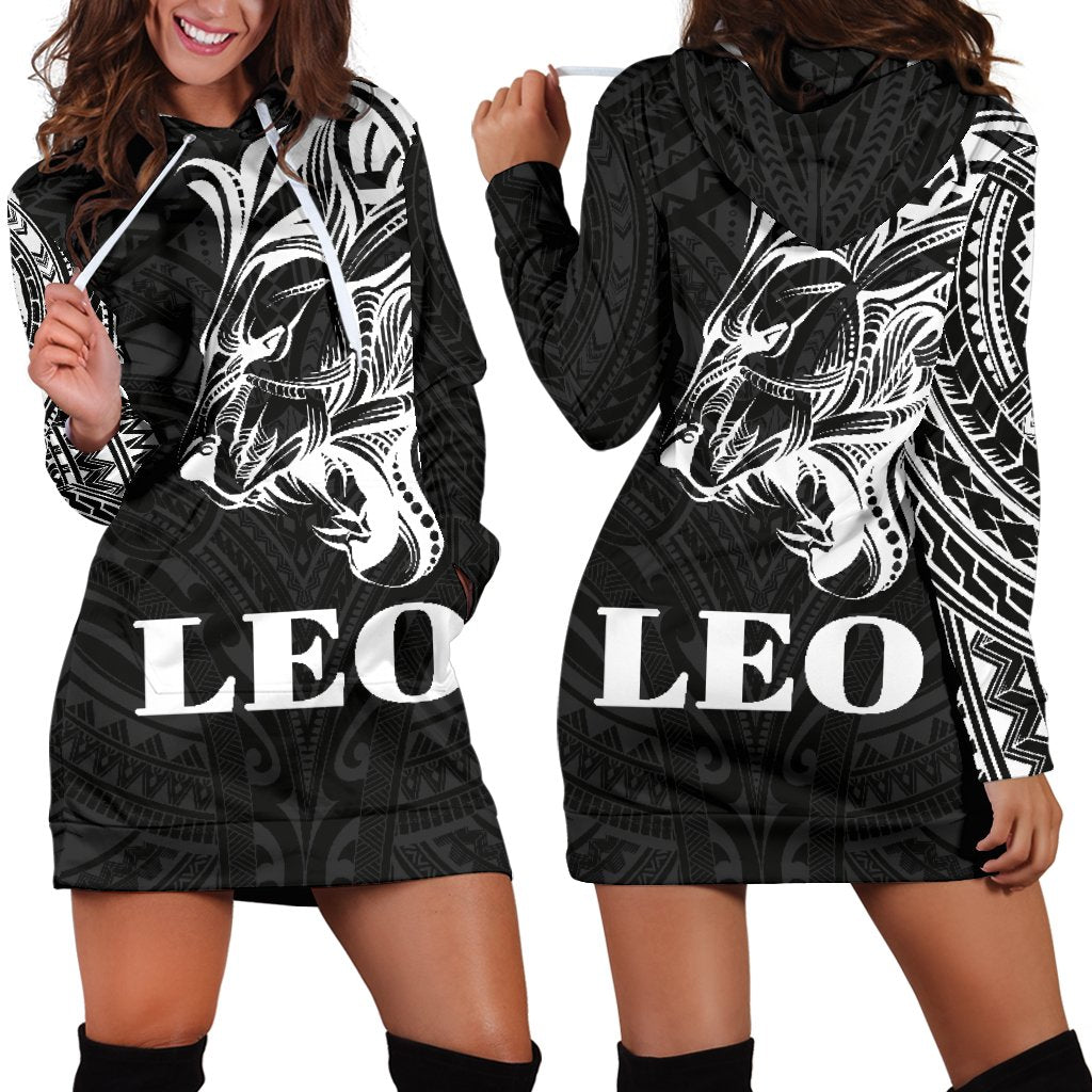 Sun In Leo Zodiac Women Hoodie Dress Polynesian Tattoo Simple - White Black - Polynesian Pride