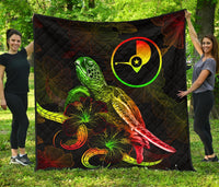 Yap Polynesian Premium Quilt - Turtle With Blooming Hibiscus Reggae - Polynesian Pride