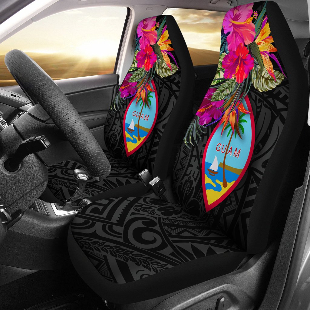 Guam Car Seat Covers - Hibiscus Polynesian Pattern Universal Fit Black - Polynesian Pride