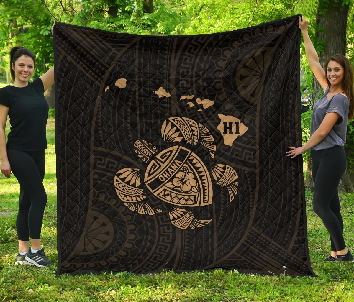Hawaii Turtle Hibicus Map Premium Quilt - Gold Gold - Polynesian Pride