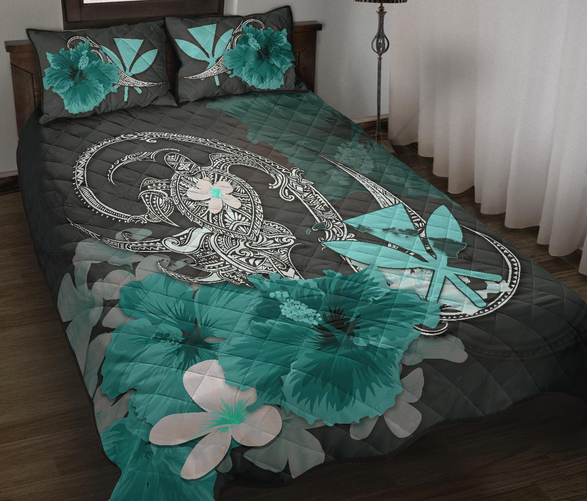 Kanaka Maoli (Hawaii) Quilt Bed Set - Hibiscus Turtle Tribal Turquoise - Polynesian Pride