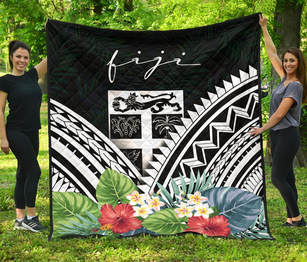 Fiji Premium Quilt - Fiji Coat of Arms & Polynesian Tropical Flowers White - Polynesian Pride
