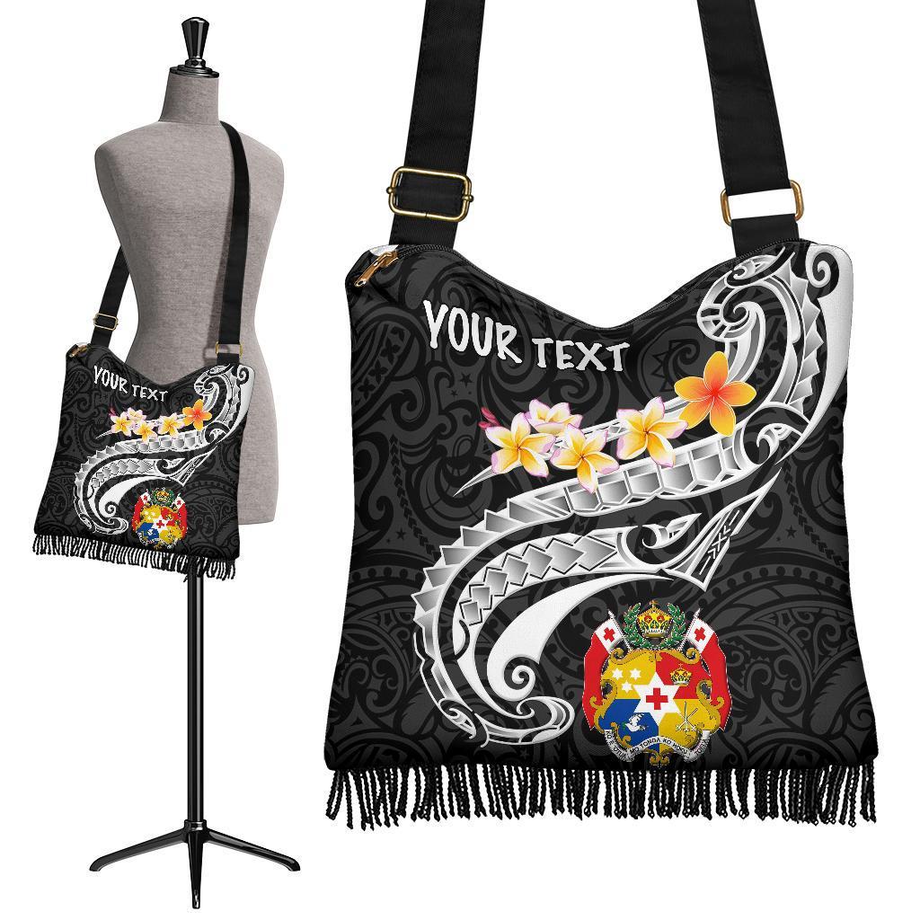 Tonga Custom Personalised Boho Handbag - Tonga Seal Polynesian Patterns Plumeria (Black) - Polynesian Pride