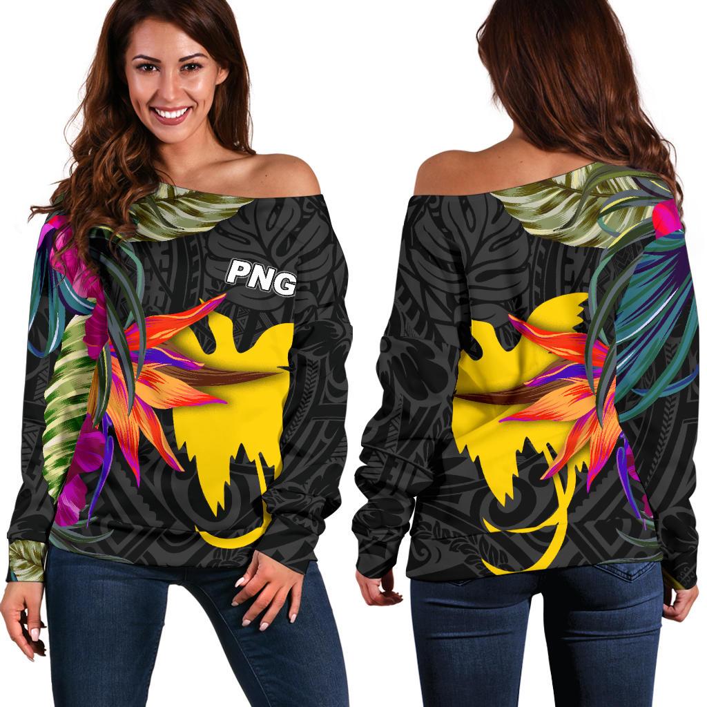 Papua New Guinea Women's Off Shoulder Sweater - Hibiscus Polynesian Pattern Black - Polynesian Pride