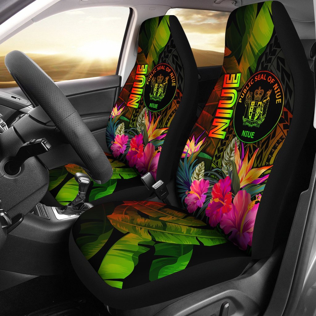 Niue Polynesian Car Seat Covers - Hibiscus and Banana Leaves Universal Fit Reggae - Polynesian Pride