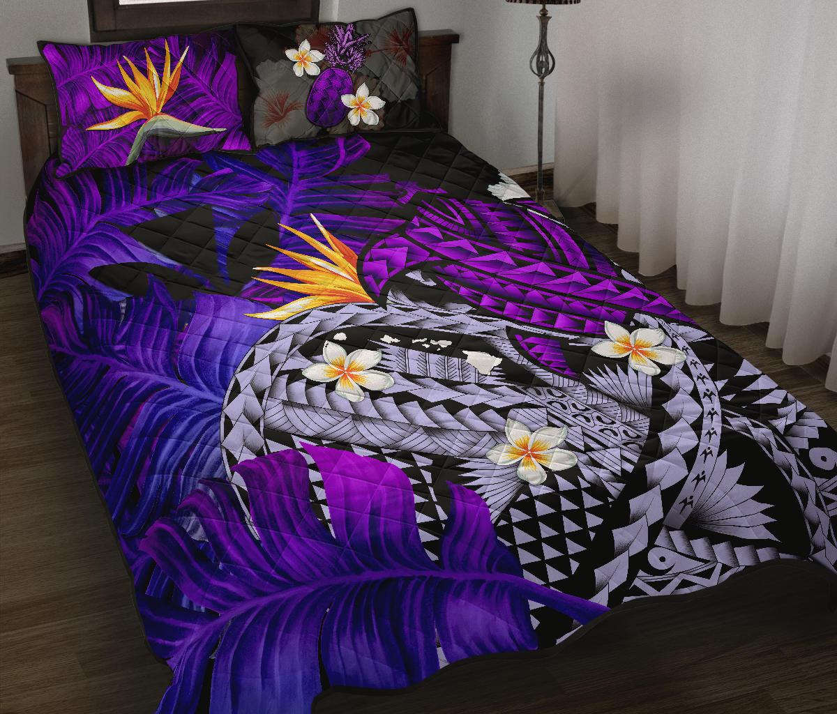 Kanaka Maoli (Hawaiian) Quilt Bed Set, Polynesian Pineapple Banana Leaves Turtle Tattoo Purple - Polynesian Pride
