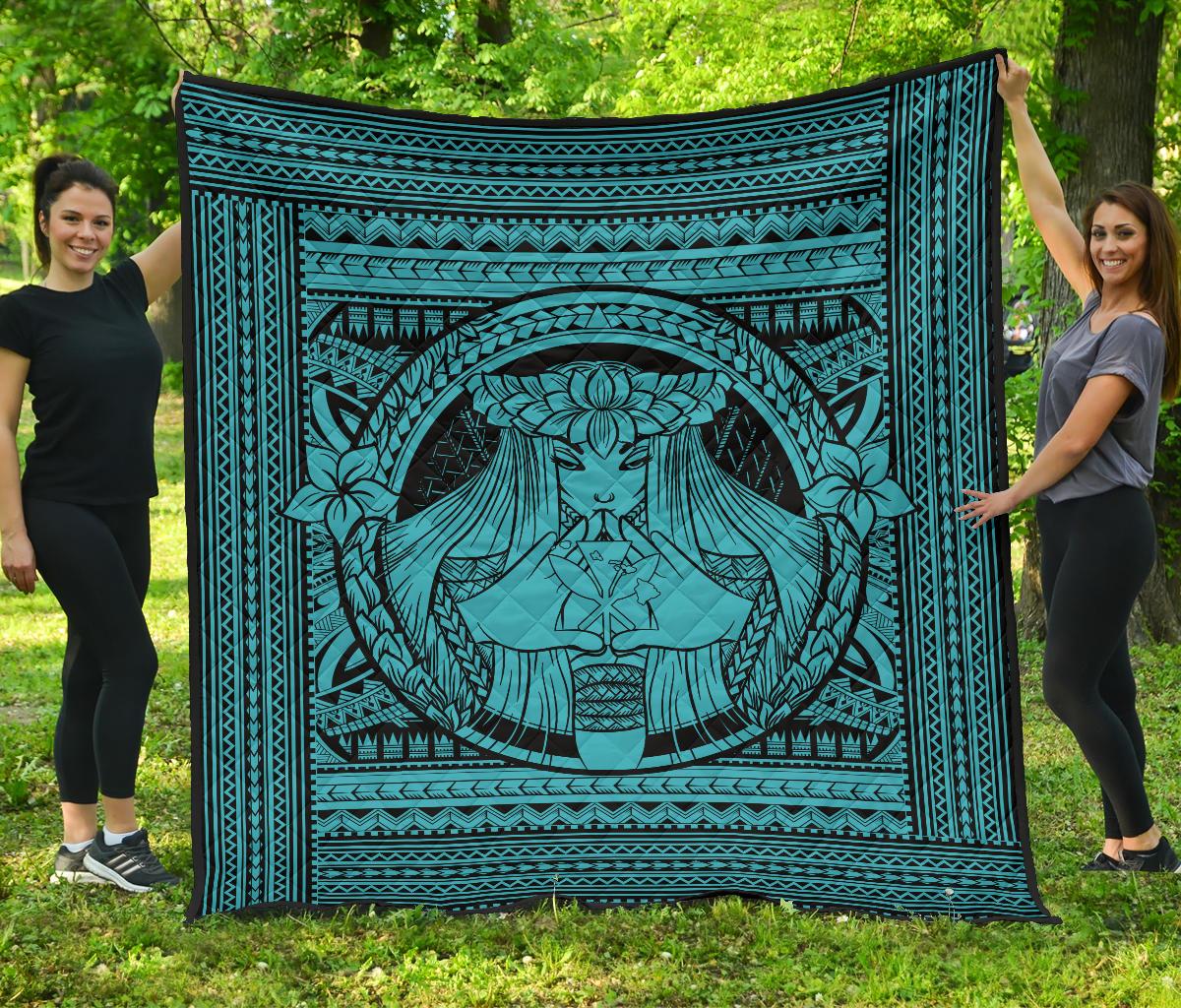 Hawaii Polynesian Pele Kanaka Premium Quilt Blue Blue - Polynesian Pride