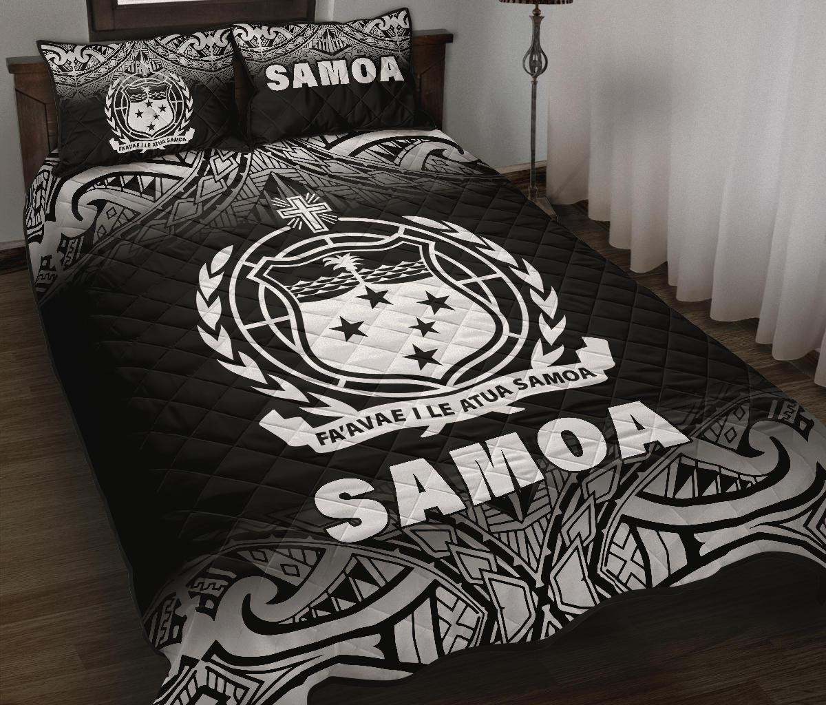 Samoa Quilt Bed Set - Samoa Coat Of Arms Polynesian Tattoo Black Fog White Version - Polynesian Pride