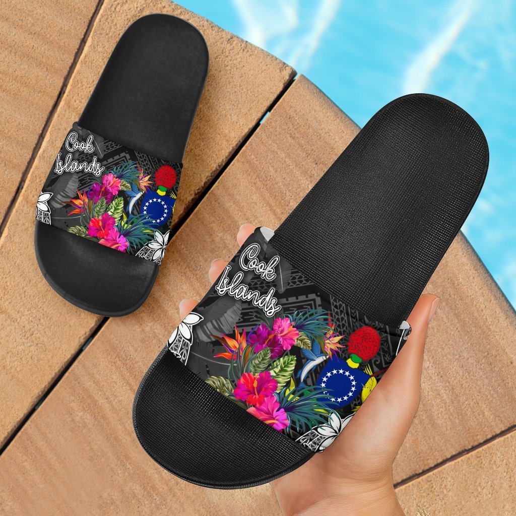 Cook Islands Slide Sandals - Turtle Floral Black - Polynesian Pride