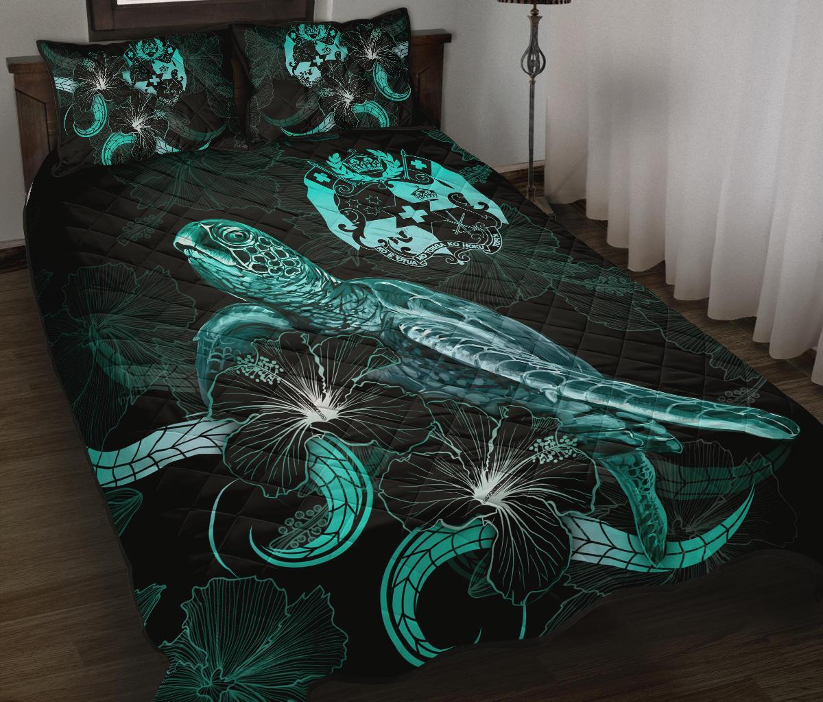 Tonga Polynesian Quilt Bed Set - Turtle With Blooming Hibiscus Turquoise Turquoise - Polynesian Pride
