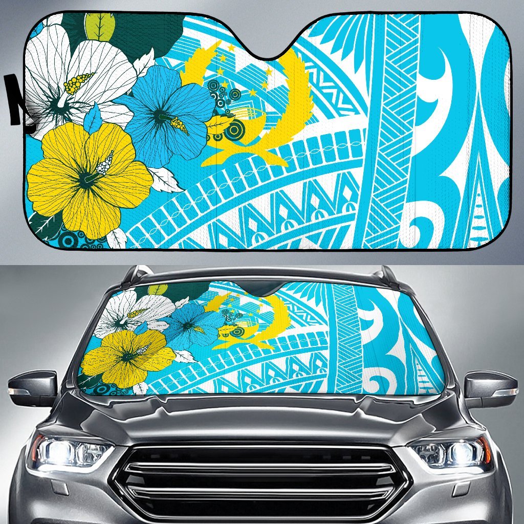 Pohnpei Auto Sun Shades - Polynesian Pattern Aquamarine Stone Color Auto Sun Shade Universal Fit Blue - Polynesian Pride