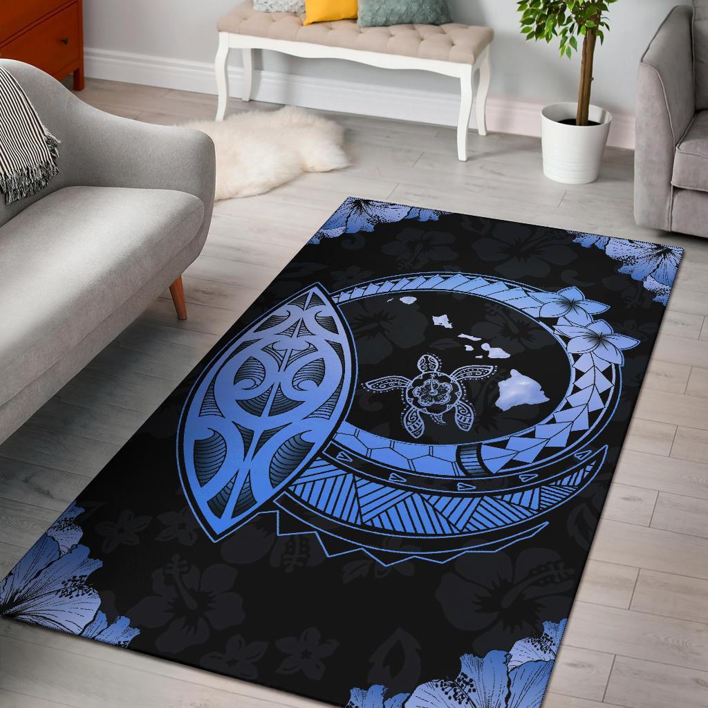 Hawaii Turtle Hibiscus Corner Map Polynesian Area Rug AH Rug Blue - Polynesian Pride