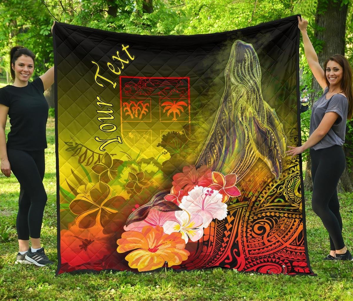 Fiji Custom Personalised Premium Quilt - Humpback Whale with Tropical Flowers (Yellow) Yellow - Polynesian Pride