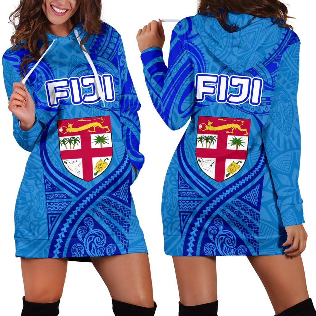 Blue Women Hoodie Dress Fiji Rugby Polynesian Waves Style Blue - Polynesian Pride