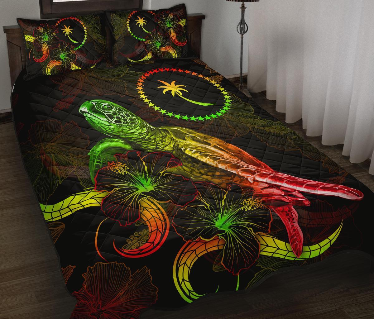 Chuuk Polynesian Quilt Bed Set - Turtle With Blooming Hibiscus Reggae Art - Polynesian Pride