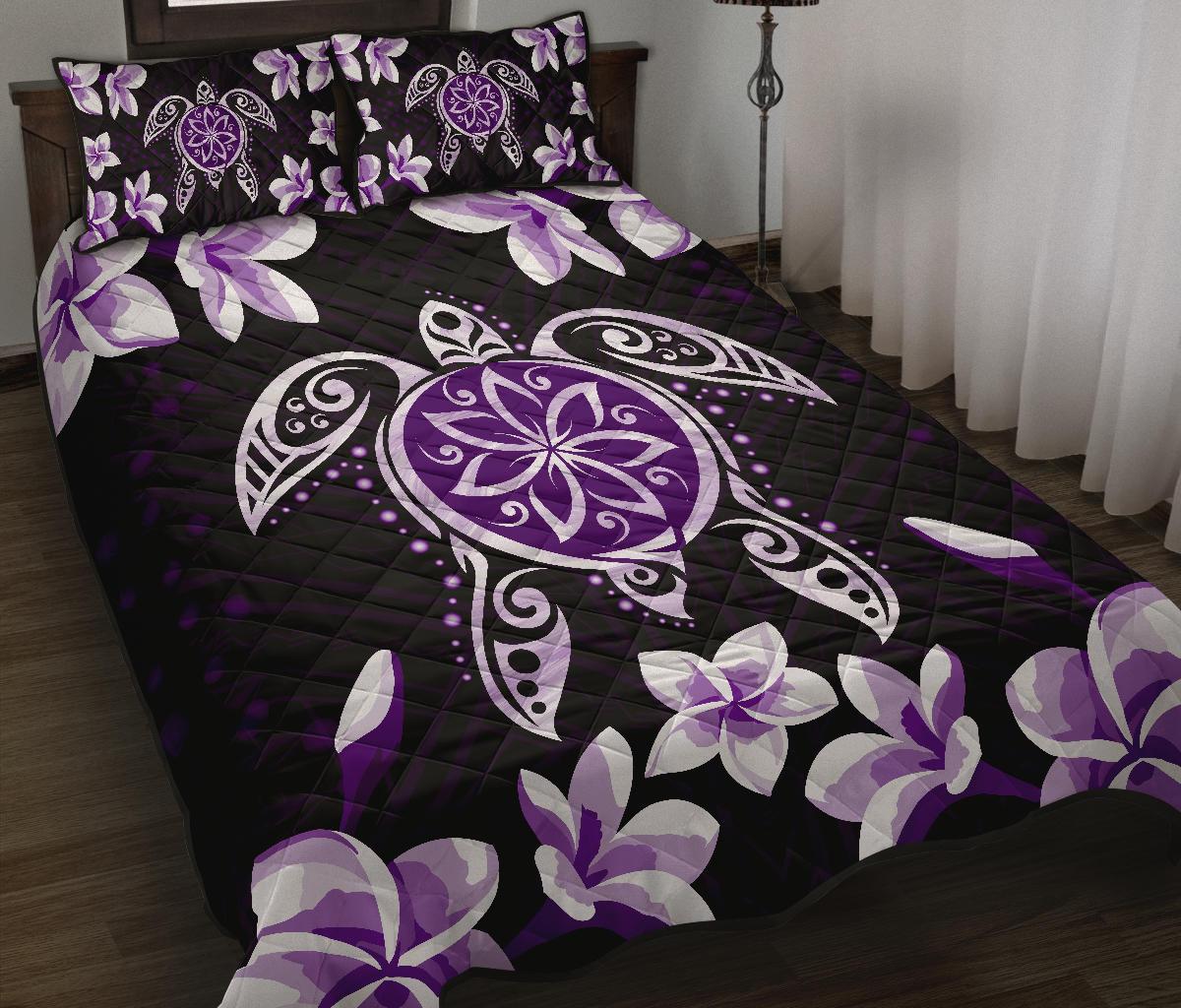 Hawaiian Violet Turtle Plumeria Quilt Bed Set - Polynesian Pride